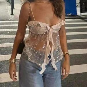 ZARA WOMAN STRAPPY SEQUINNED CAMISOLE TOP BABY PINK L